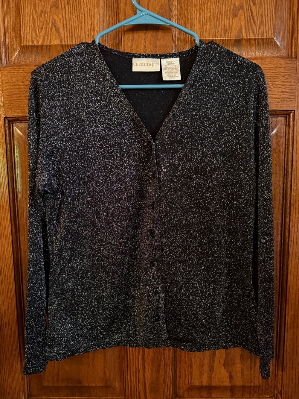 Christie & Jill Medium Black & Silver V Neck Button Front Cardigan Sweater